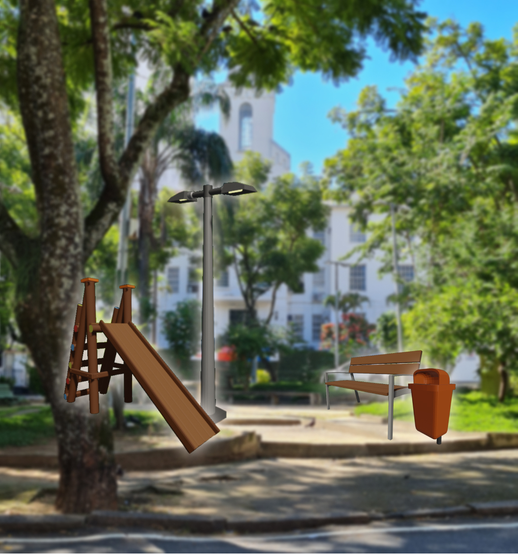 Foto da praça Barão de Corumba com itens adicionados por cima.